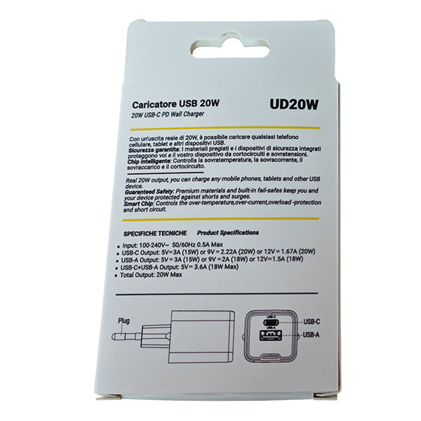 Caricabatteria rapido - 2 porte - USB-C e USB-A da 20W - MKC