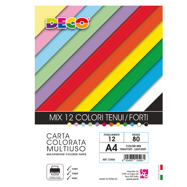 Risma carta - A4 - 80 gr - colori assortiti - 12 fogli - DECO