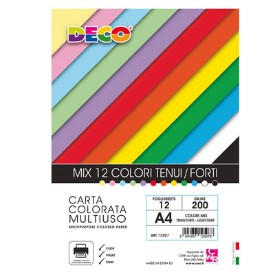 Risma carta - A4 - 200 gr - colori assortiti - 12 fogli - DECO