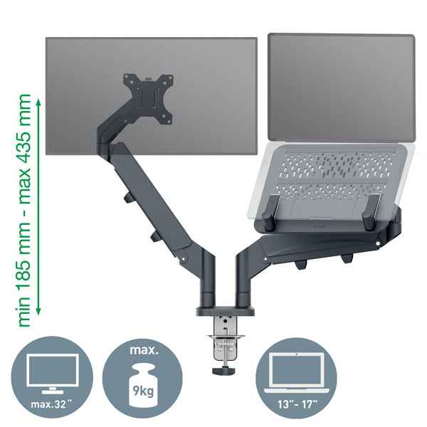 Braccio salvaspazio  - per 2 monitor & laptop - grigio scuro - Leitz