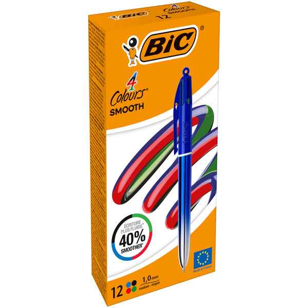 Penna sfera a scatto 4 Colori Smooth - 1.0 mm - fusto blu - Bic - conf. 12 pezzi
