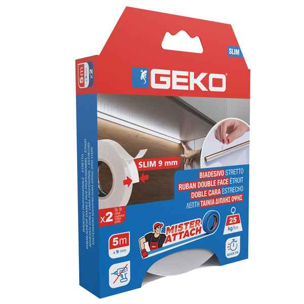 Nastro biadesivo SLIM Mister Attach - 9 mm x 5 m - PE/acrilico - bianco - Geko - conf. 2 pezzi