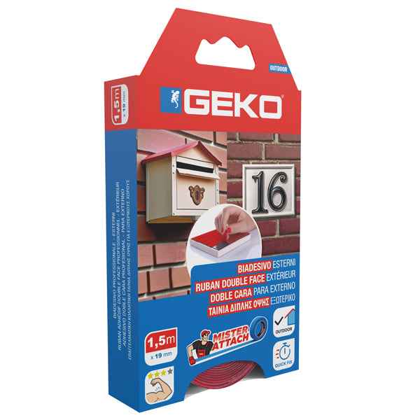 Nastro biadesivo OUTDOOR Mister Attach - 19 mm x 1,5 m - LDPE/acrilico - grigio/rosso - Geko