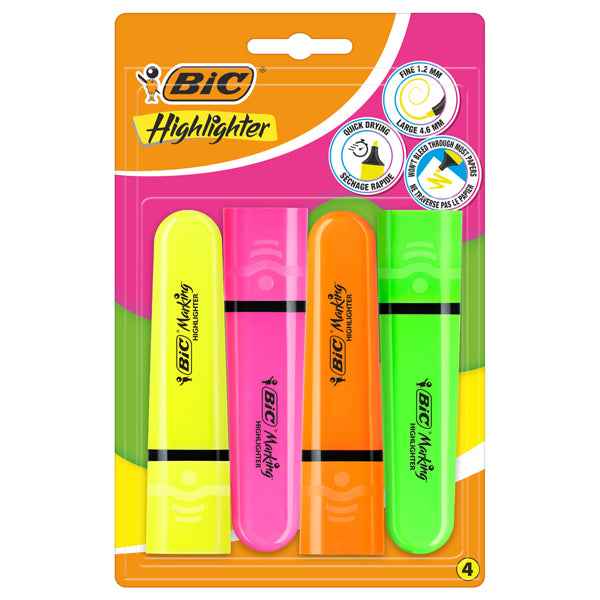 Evidenziatore Flat  - punta a scalpello - tratto da 1,2mm-4,6mm - colori assortiti fluo - Bic - astuccio 4 pezzi