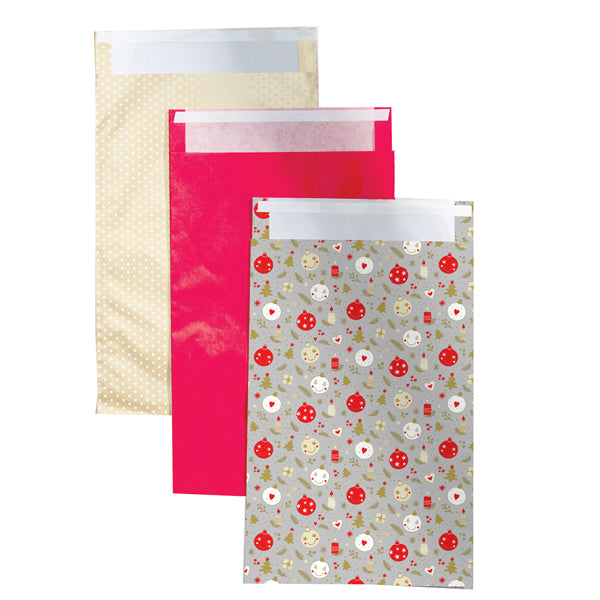 Sacchetto regalo - fantasia Natale assortite - c/patella adesiva - 26 x 40 + 5 cm - carta - Rex Sadoch - conf. 3pz