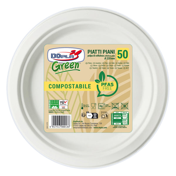 Piatto piano monouso - rotondo - diametro 22 cm - cellulosa - bianco - Dopla Green - conf. 50 pezzi