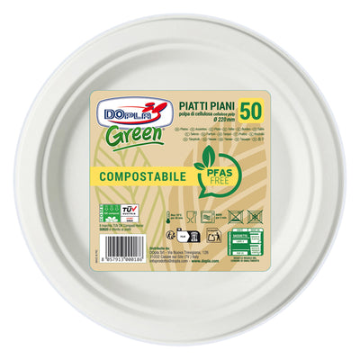 Piatto piano monouso - rotondo - diametro 22 cm - cellulosa - bianco - Dopla Green - conf. 50 pezzi