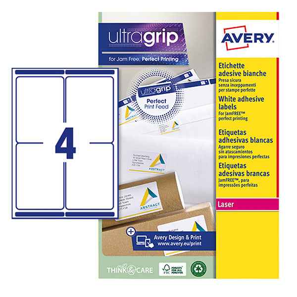 Etichette adesive L7169 - in carta - angoli arrotondati - laser - permanenti - 99,1 x 139 mm - 4 et/fg - 15 fogli - bianco - Avery
