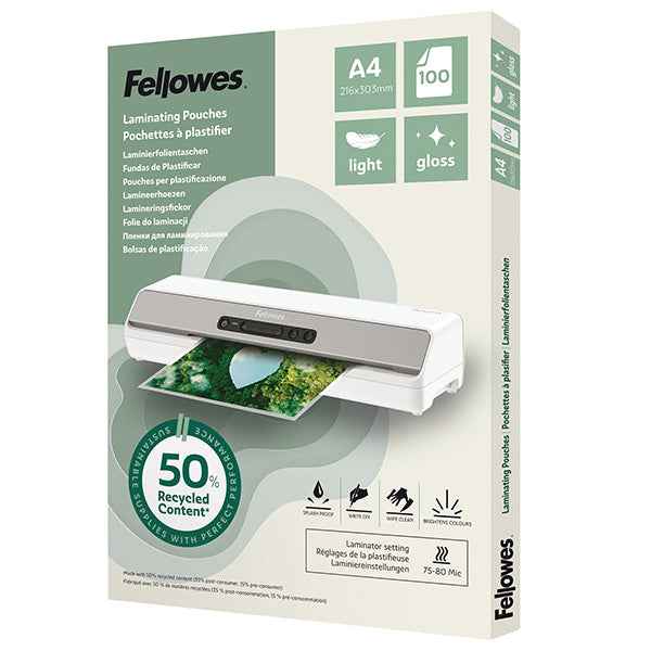 Pouches riciclate - A4 - 2x80 micron - Fellowes - scatola 100 pezzi