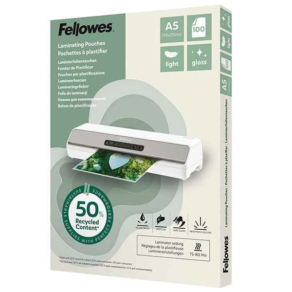 Pouches riciclate - A5 - 2x80 micron - Fellowes - scatola 100 pezzi