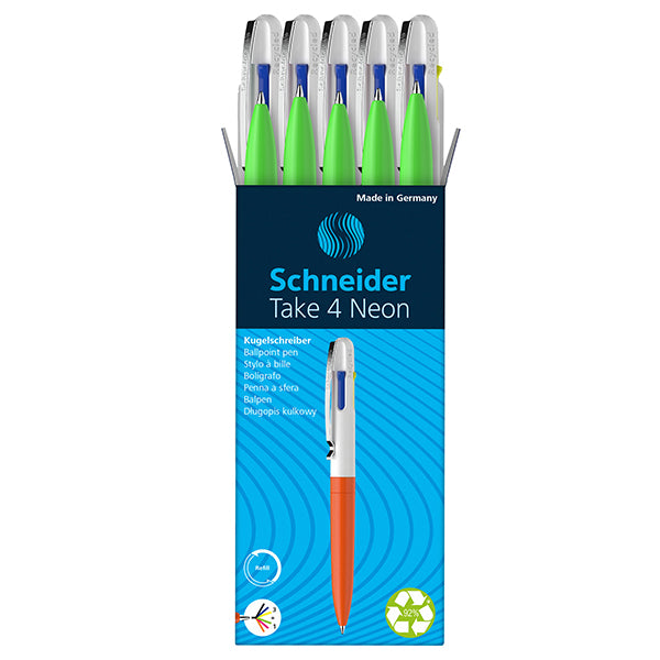 Penna a sfera Take 4 - punta media - 4 colori - fusto verde fluo - Schneider