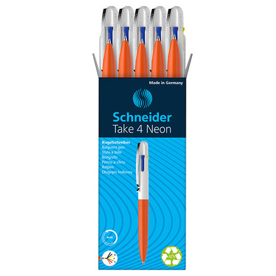 Penna a sfera Take 4 - punta media - 4 colori - fusto arancione fluo - Schneider
