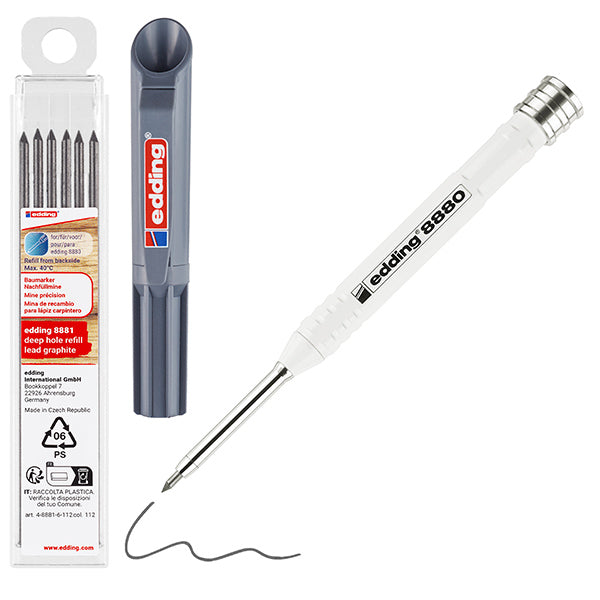 Matita da costruzione per fori profondi 8880-8881 – grafite – 2,8 mm – incluso set 6 mine – Edding