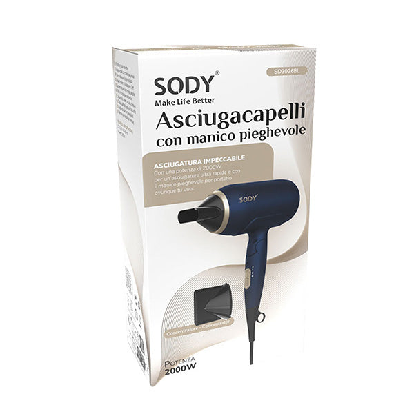 Asciugacapelli - manico pieghevole - 2000  W - blu