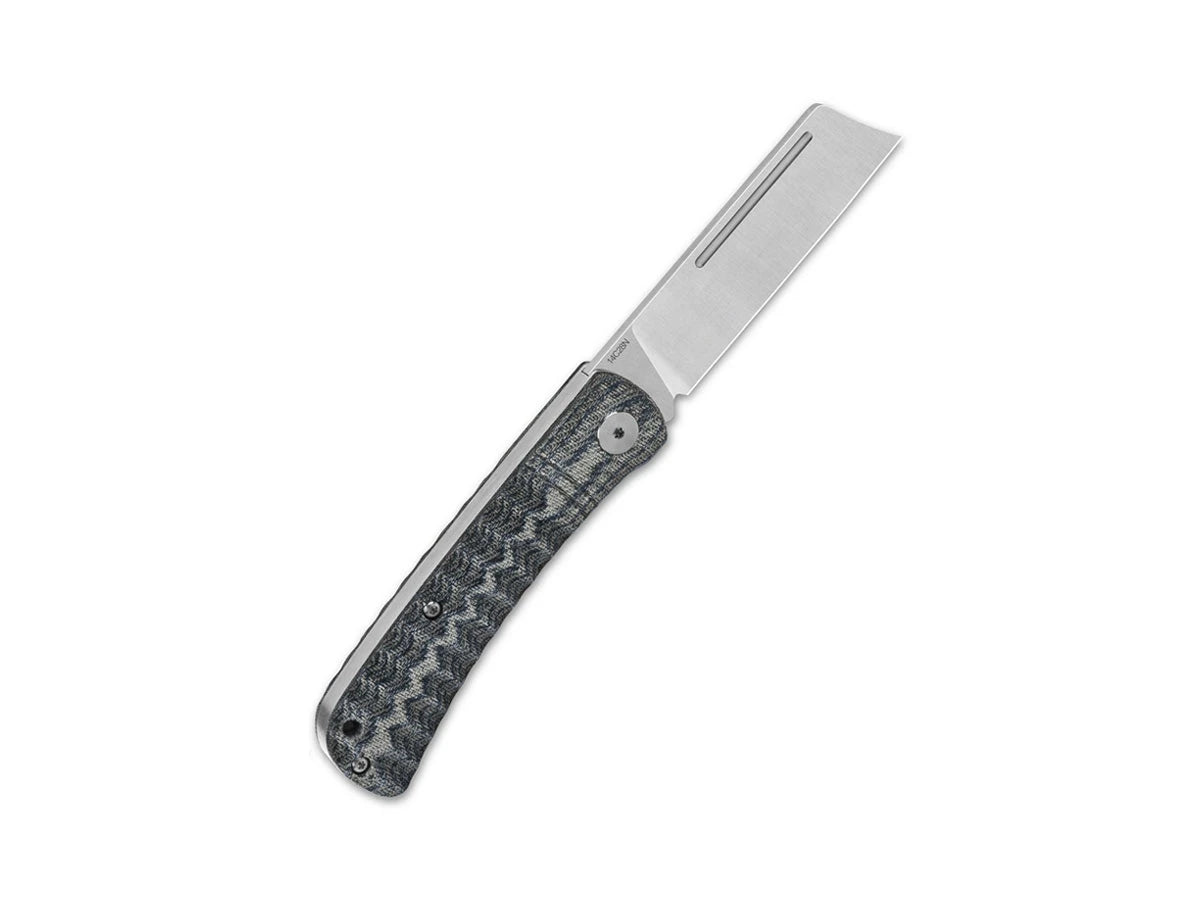 Dettaglio lama mannaia 14C28N QSP Hedgehog micarta blu denim 7,3 cm