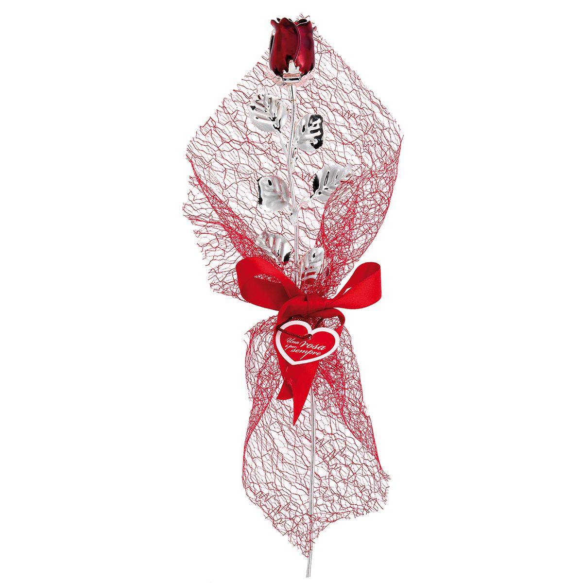 Bagutta Rosa Silver Plated Rossa con Petali Argentati e Confezione Regalo 30 cm