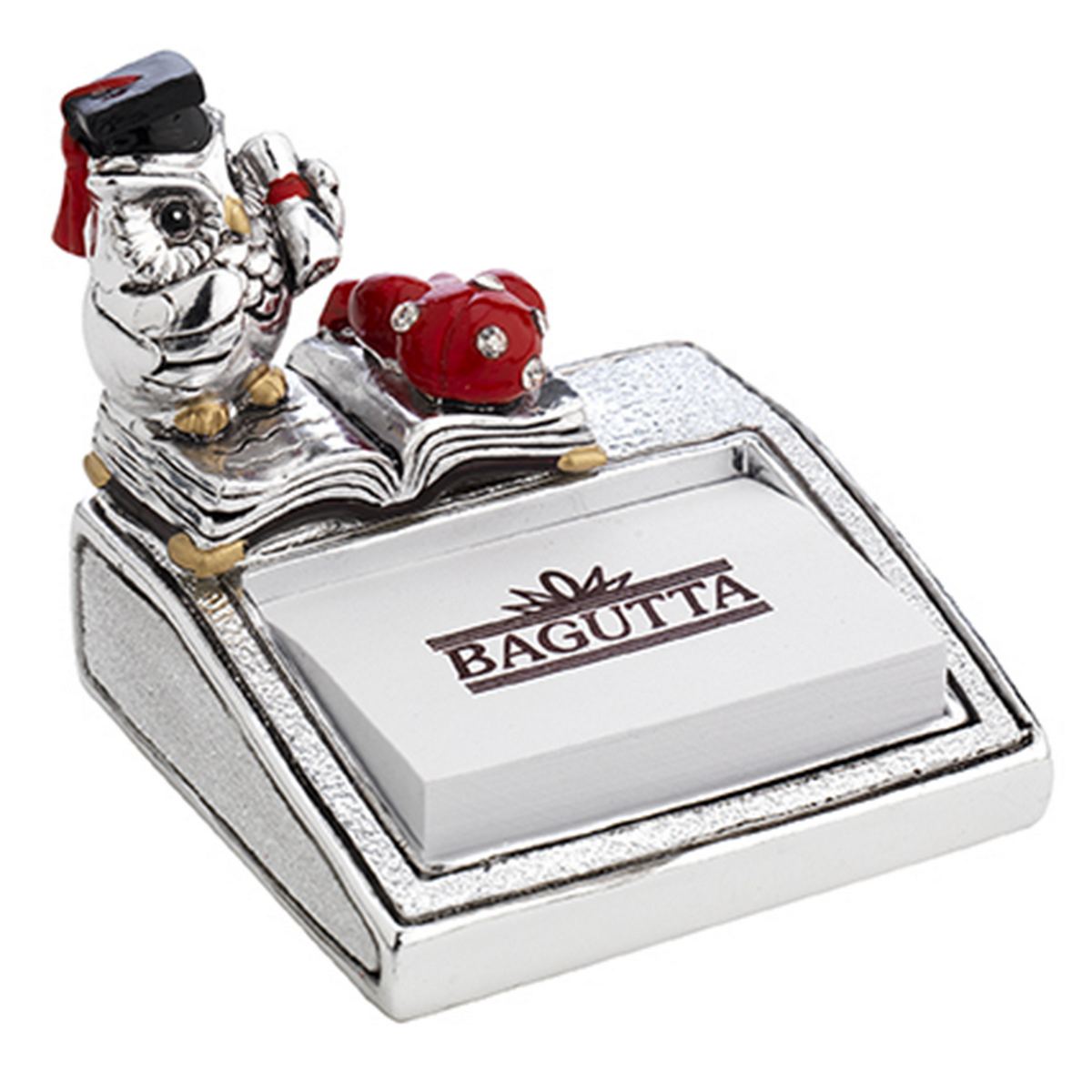 Bagutta Portamemo Laurea Argentato con Gufo, Libri e Sveglia Rossa 8x7 cm