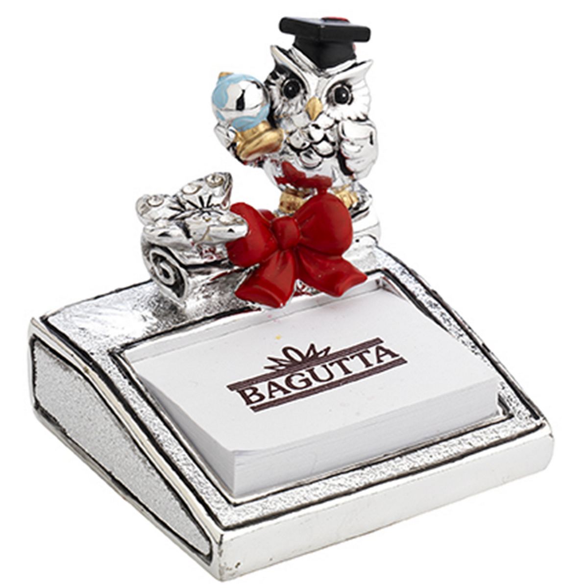 Bagutta Portamemo Laurea Argentato con Coppia di Gufi e Fiocco Rosso 8x7 cm