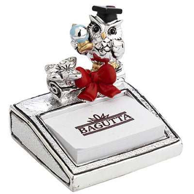 Bagutta Portamemo Laurea Argentato con Coppia di Gufi e Fiocco Rosso 8x7 cm