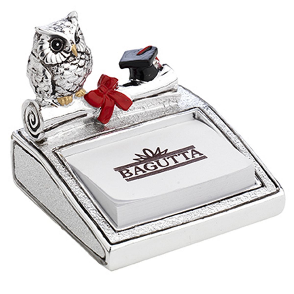Bagutta Portamemo Laurea Argentato con Gufo, Tocco e Pergamena Rossa 8x7 cm