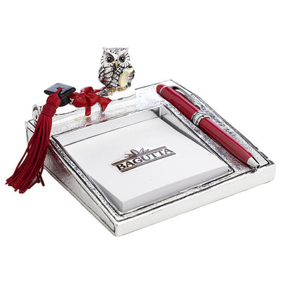 Bagutta Portamemo Laurea Argentato con Gufo e Nappa Rossa 12x14 cm
