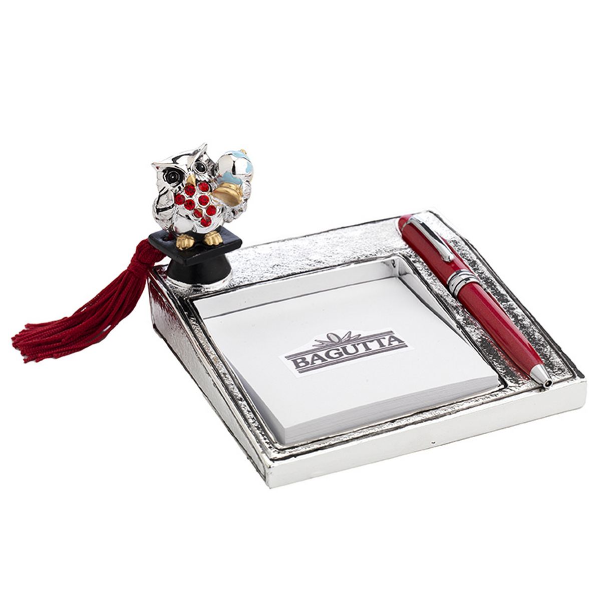 Bagutta Portamemo Laurea Argentato con Coppia di Gufi su Tocco e Nappa 12x14 cm