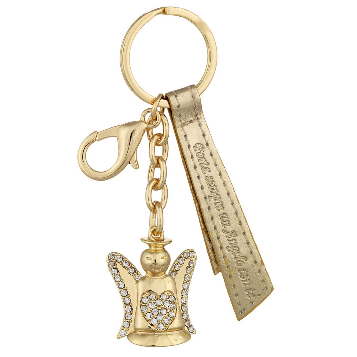 Bagutta Portachiavi Silver Plated Angelo con Ali Borchiate e Cuore di Strass Oro 12 cm