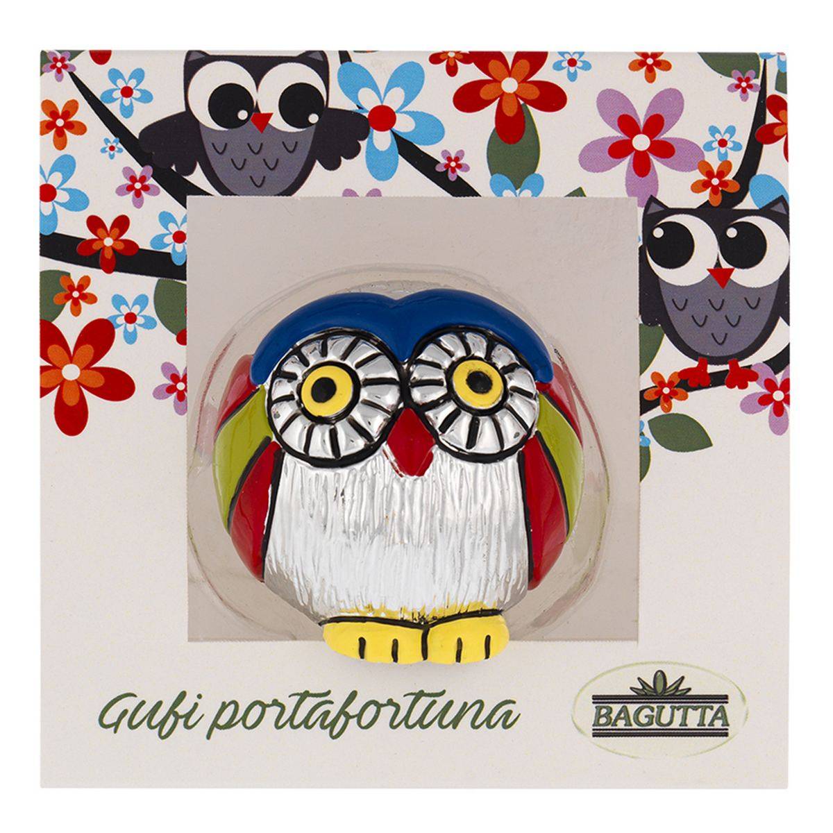 Bagutta Gufetto Portafortuna Confezione Floreale Tondo Blu Rosso e Verde 4,5 cm
