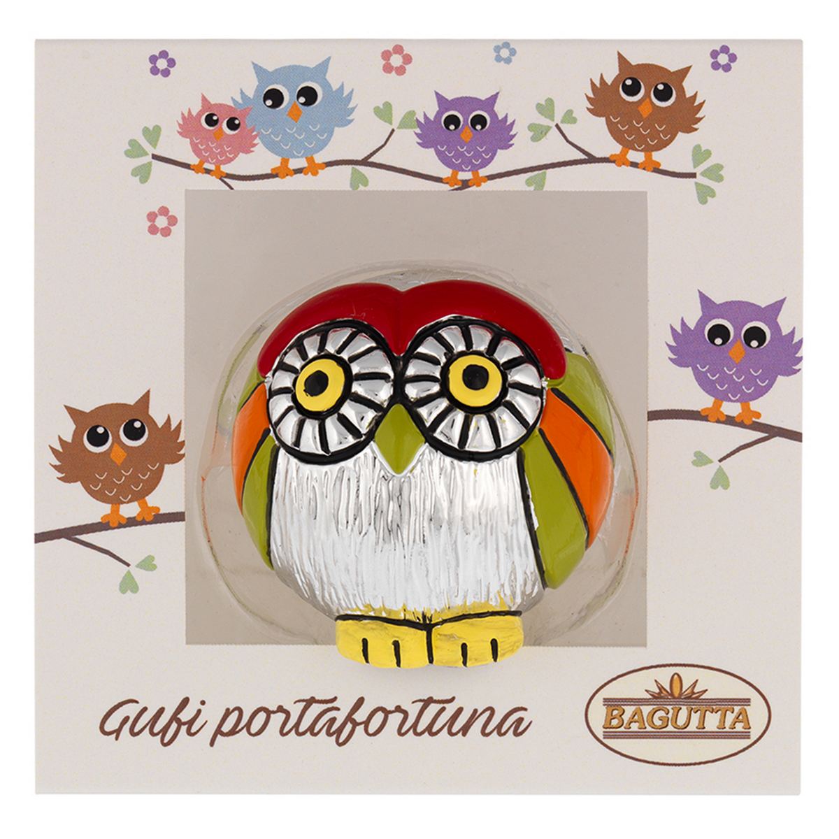 Bagutta Gufetto Portafortuna Confezione Gufi Tondo Rosso Verde e Arancione 4,5 cm