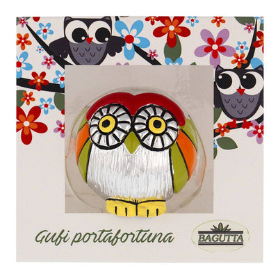 Bagutta Gufetto Portafortuna Confezione Floreale Tondo Rosso Verde e Arancione 4,5 cm