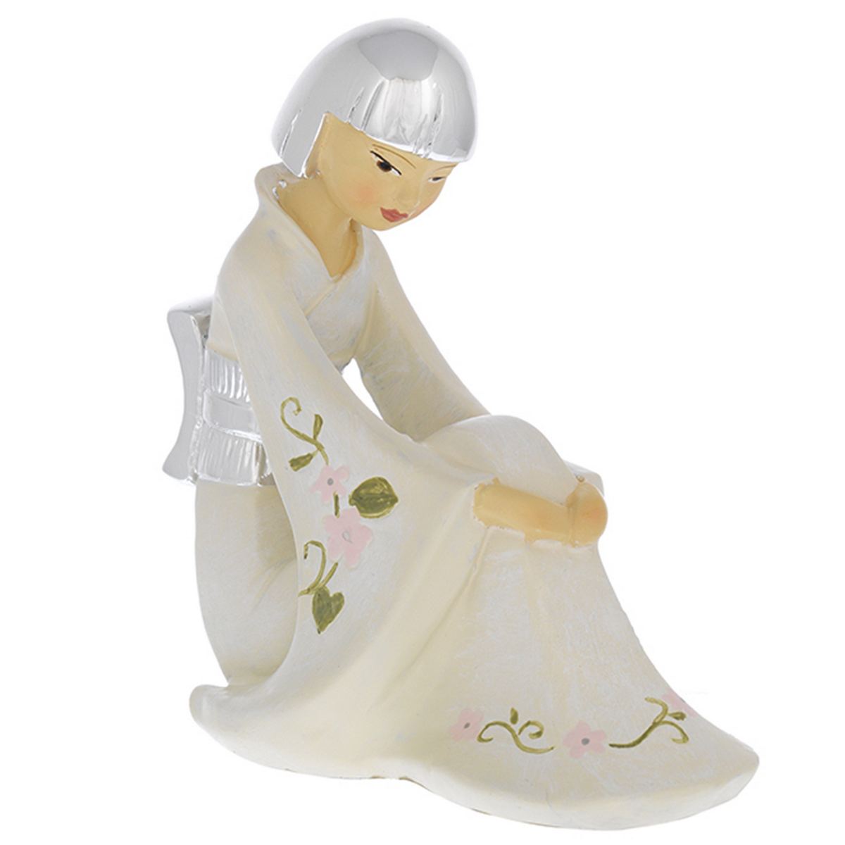 Bagutta Geisha Seduta con Kimono Bianco e Fiori 10,5 cm