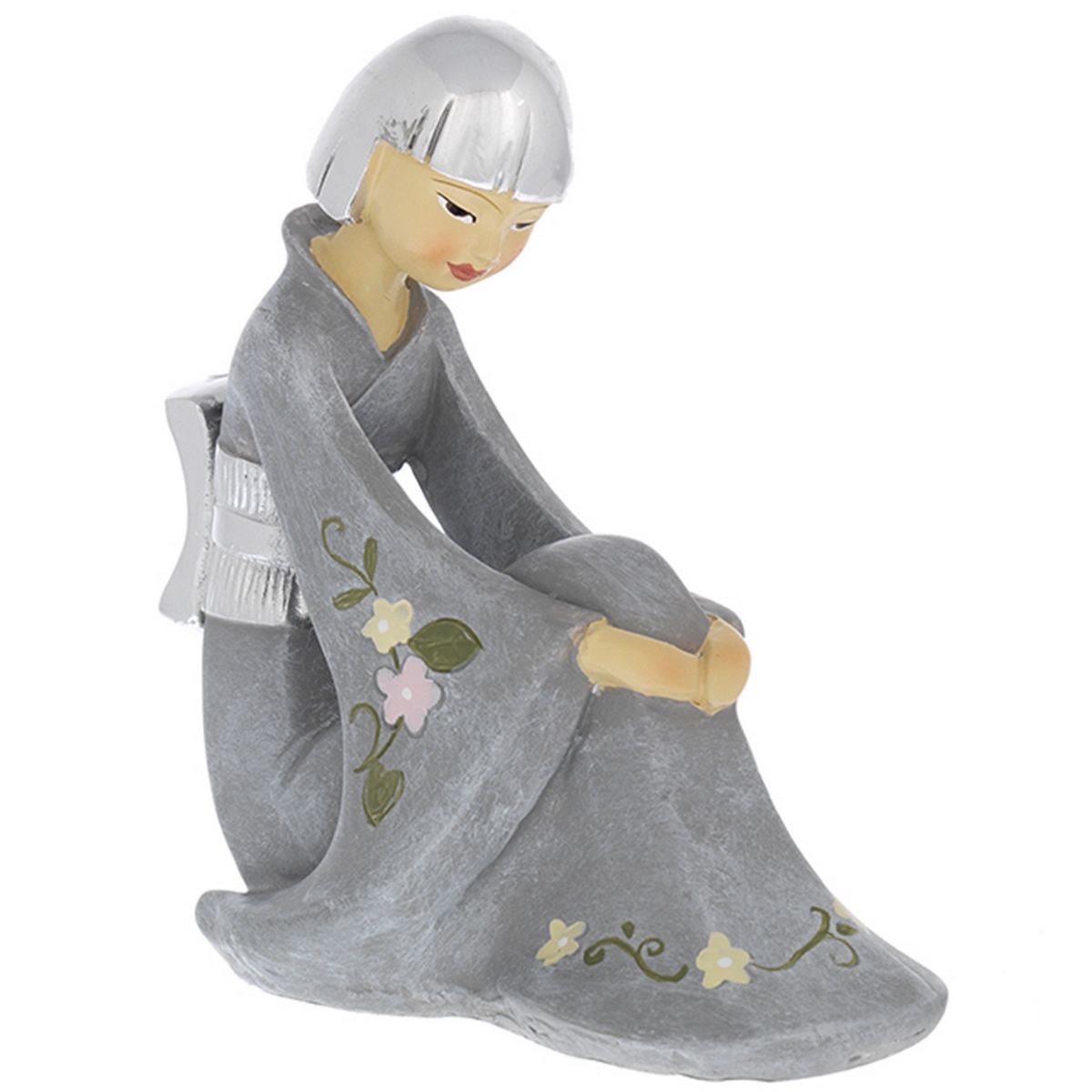 Bagutta Geisha Seduta con Kimono Grigio e Fiori 10,5 cm