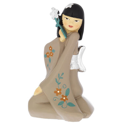 Bagutta Geisha Seduta con Kimono Tortora e Fiori Arancioni 10,5 cm