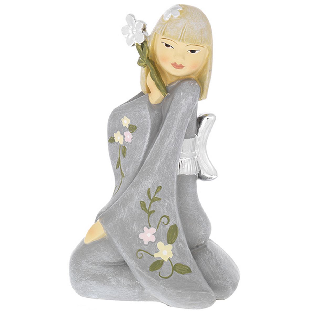 Bagutta Geisha Seduta con Kimono Grigio e Fiori Verdi 10,5 cm
