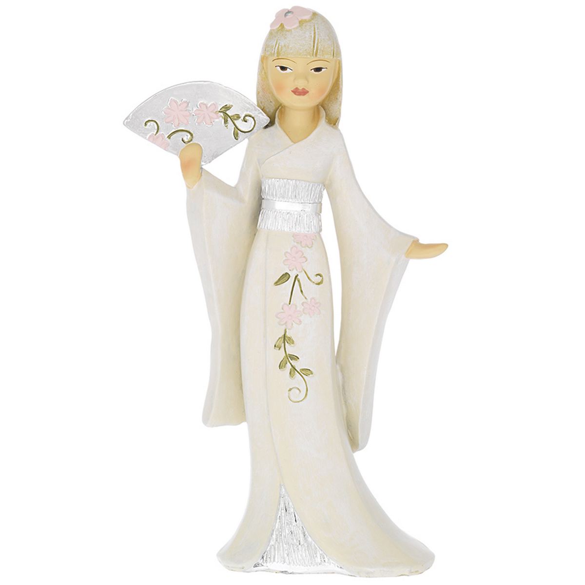 Bagutta Geisha con Ventaglio e Kimono Bianco 17,5 cm
