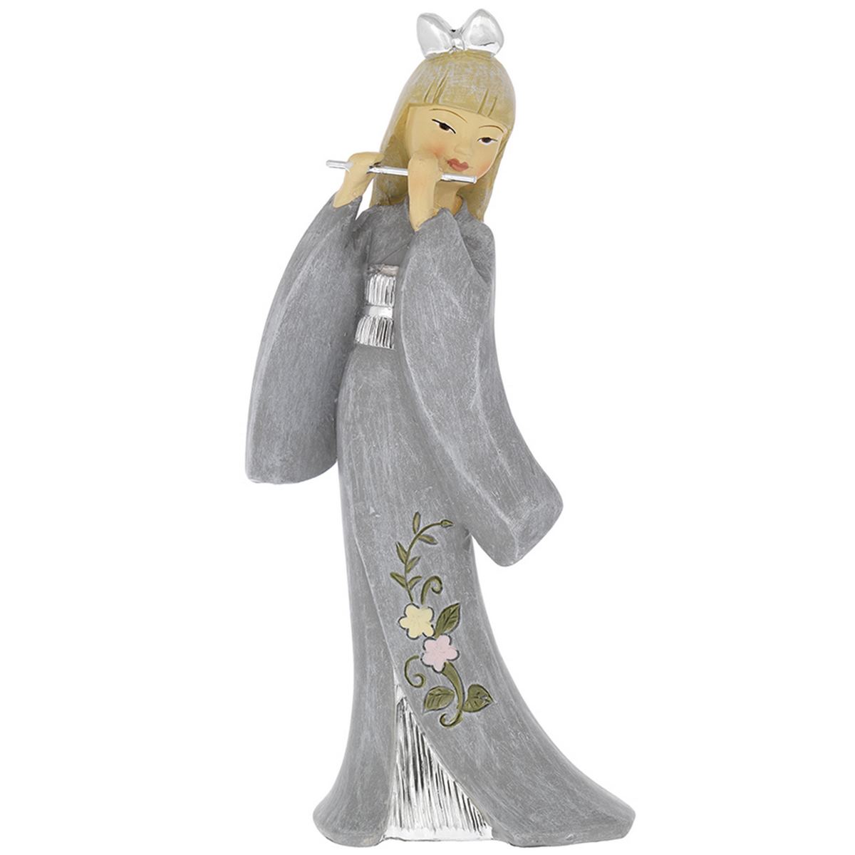 Bagutta Geisha con Flauto e Kimono Grigio 17,5 cm
