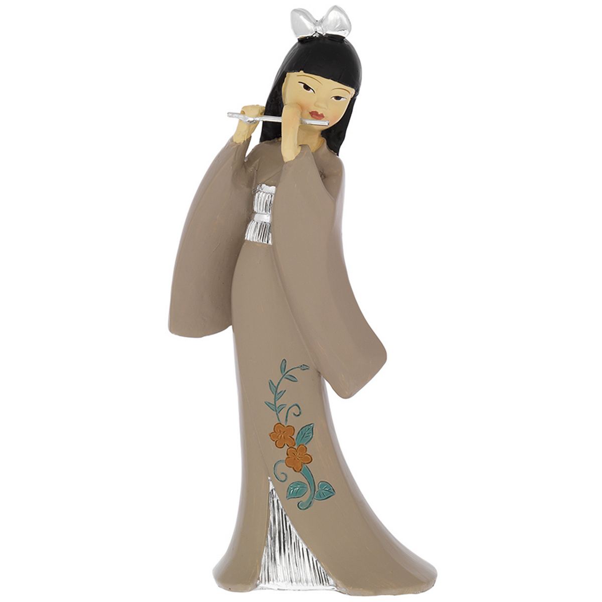Bagutta Geisha con Flauto e Kimono Tortora 17,5 cm