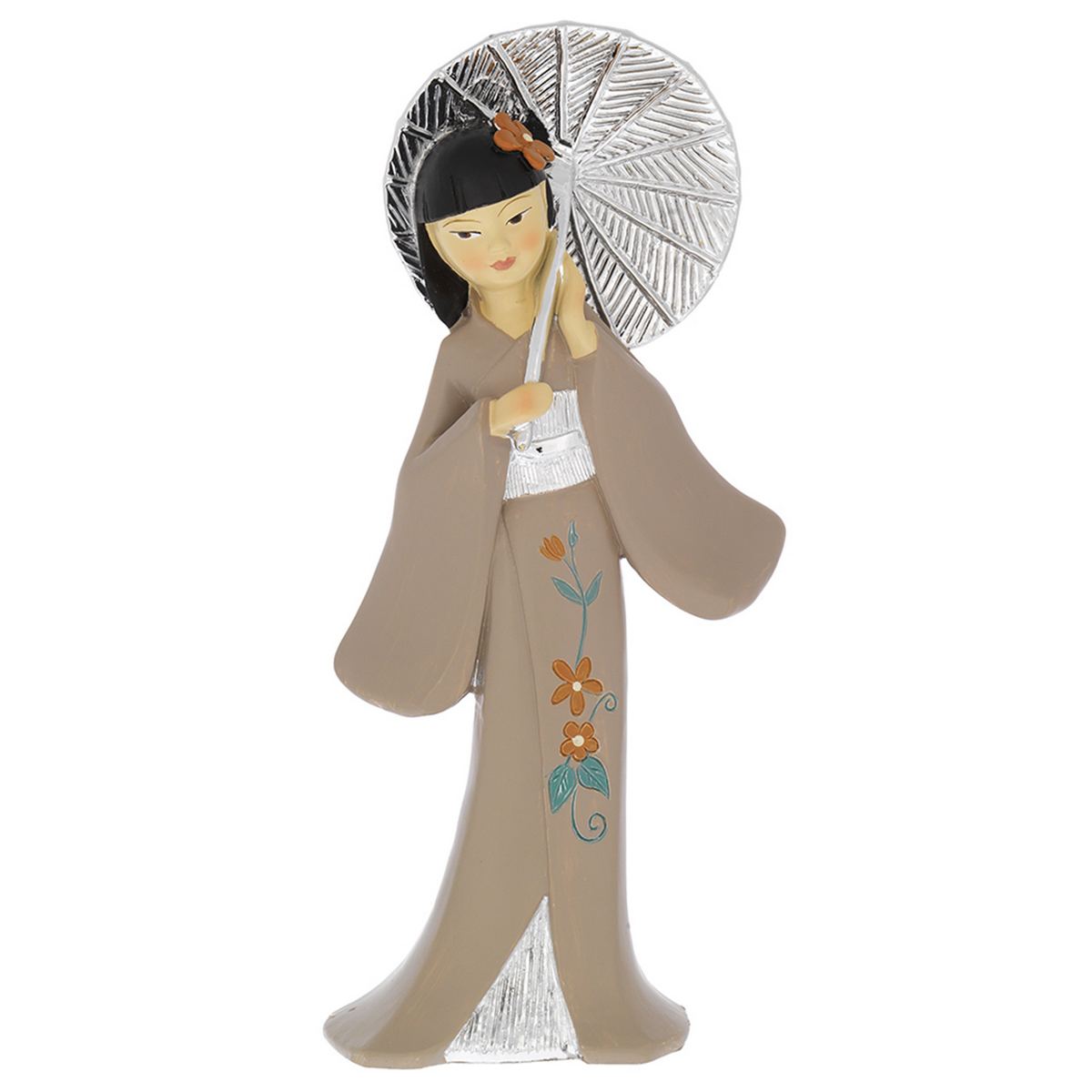 Bagutta Geisha con Ombrello e Kimono Tortora 17,5 cm