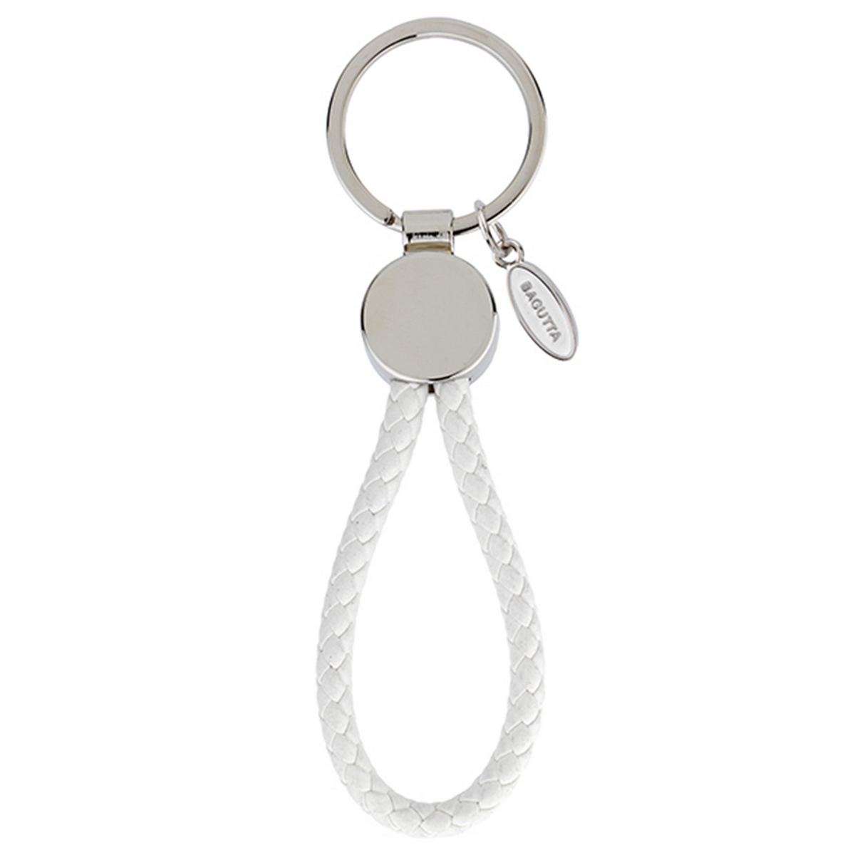 Bagutta Portachiavi con Medaglione Tondo Argento e Cordone Intrecciato Bianco 12,5 cm