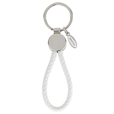 Bagutta Portachiavi con Medaglione Tondo Argento e Cordone Intrecciato Bianco 12,5 cm
