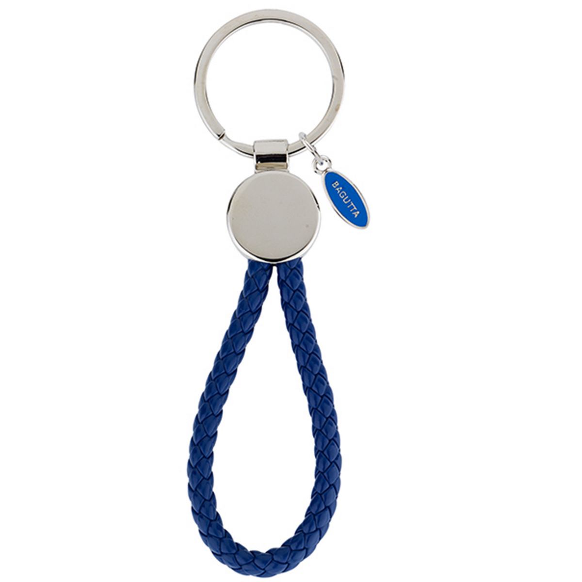 Bagutta Portachiavi con Medaglione Tondo Argento e Cordone Intrecciato Blu 12,5 cm