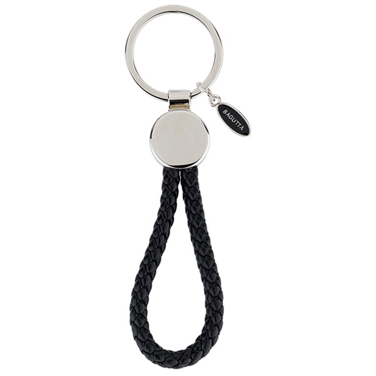 Bagutta Portachiavi con Medaglione Tondo Argento e Cordone Intrecciato Nero 12,5 cm