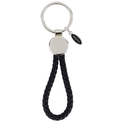 Bagutta Portachiavi con Medaglione Tondo Argento e Cordone Intrecciato Nero 12,5 cm