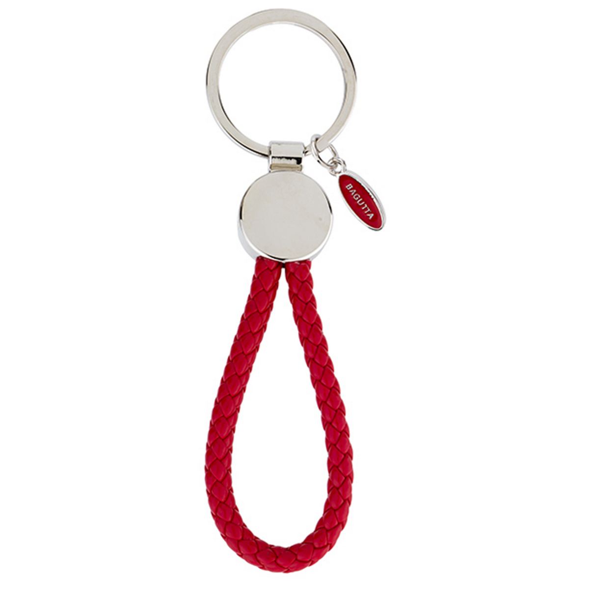 Bagutta Portachiavi con Medaglione Tondo Argento e Cordone Intrecciato Rosso 12,5 cm