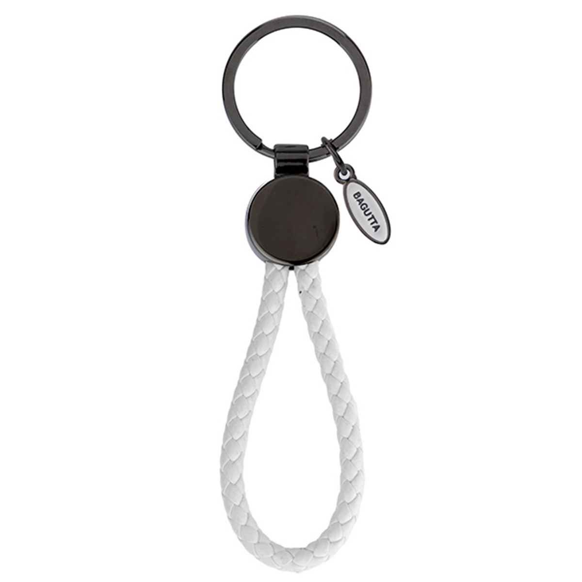 Bagutta Portachiavi con Medaglione Tondo Canna di Fucile e Cordone Bianco 12,5 cm
