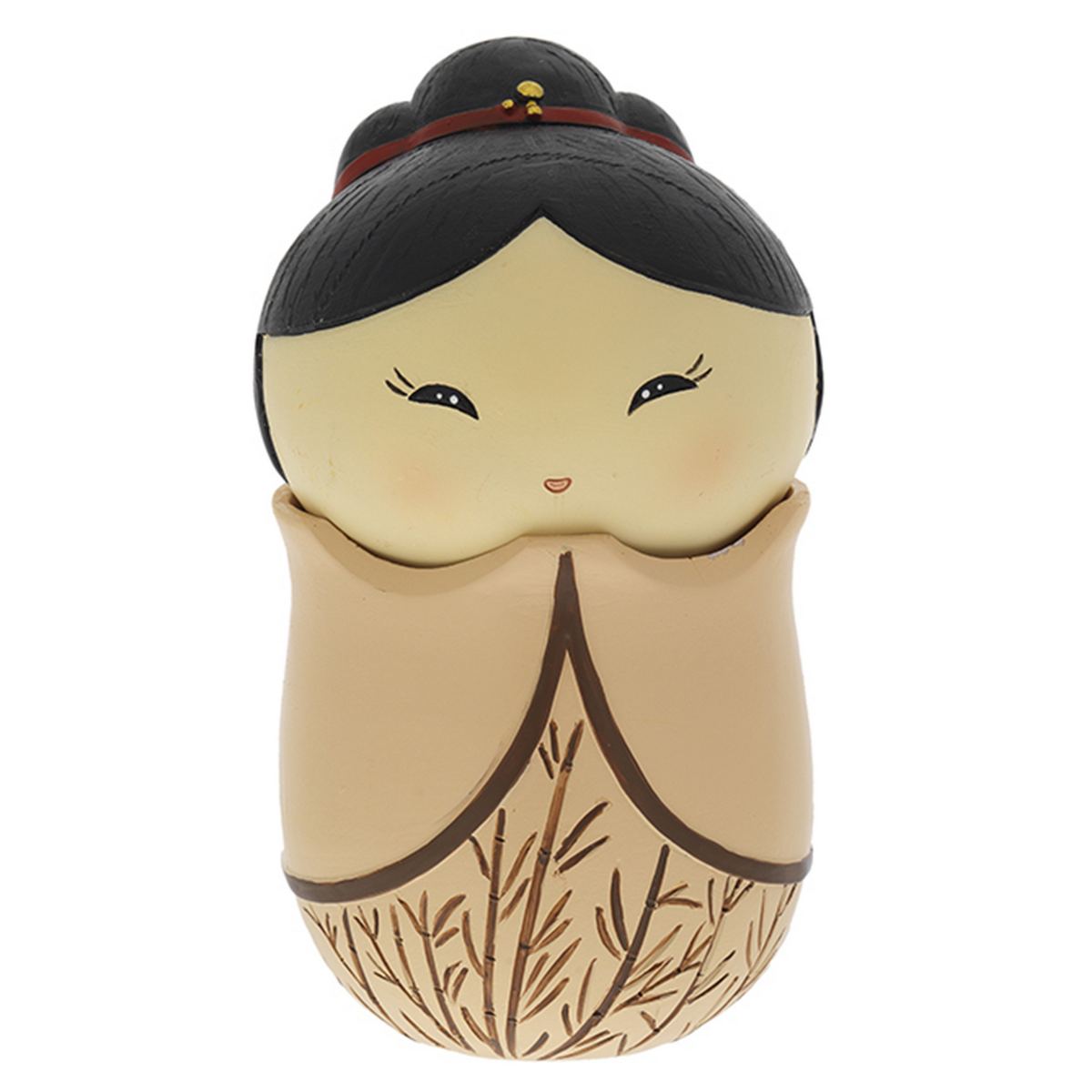 Bagutta Kokeshi Emozionale con Ventaglio Kimono Beige Capelli Neri 8x15 cm