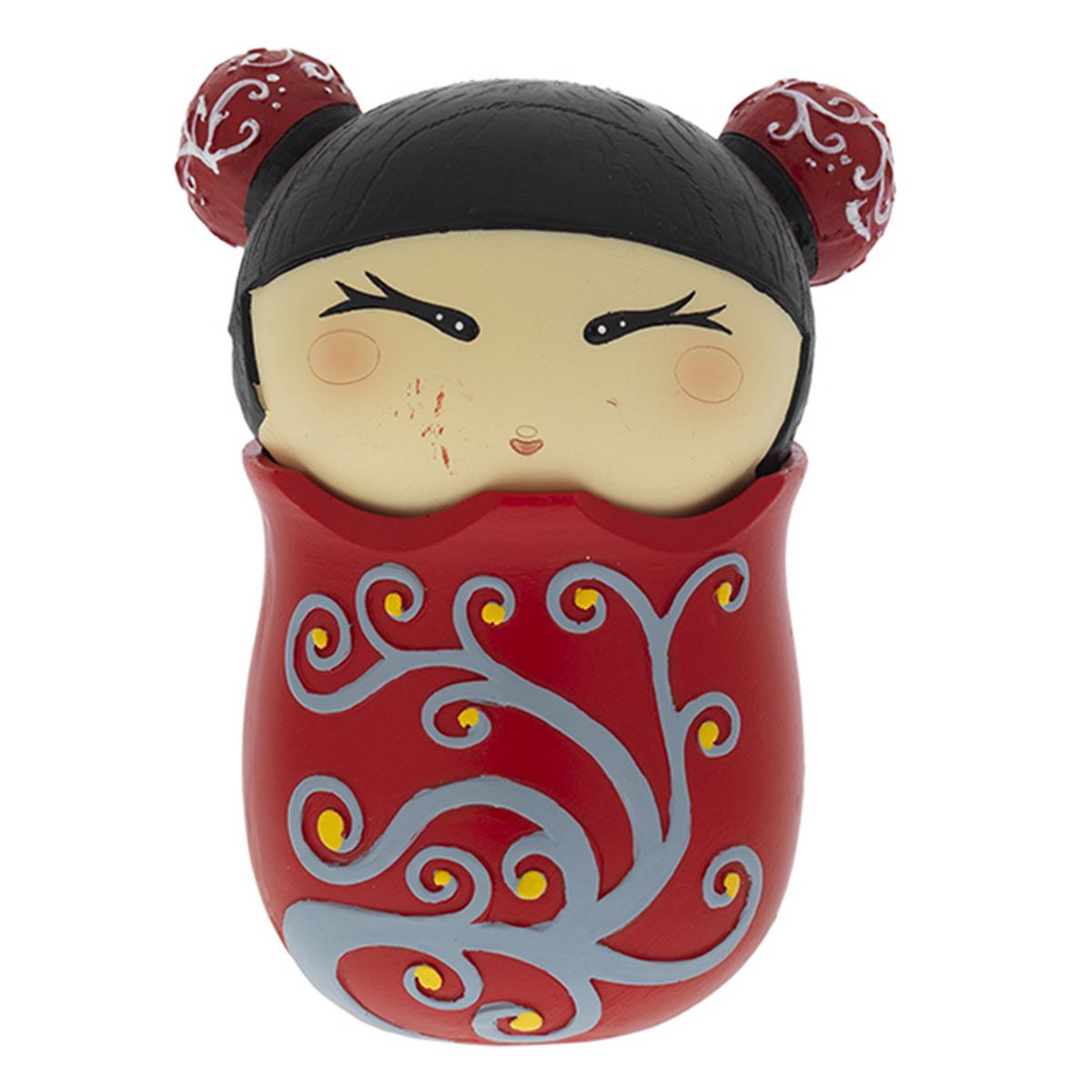 Bagutta Kokeshi Emozionale con Ventaglio Kimono Rosso Capelli Neri 8x15 cm