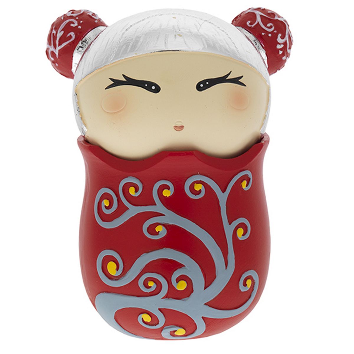 Bagutta Kokeshi Emozionale con Ventaglio Kimono Rosso Capelli Bianchi 8x15 cm