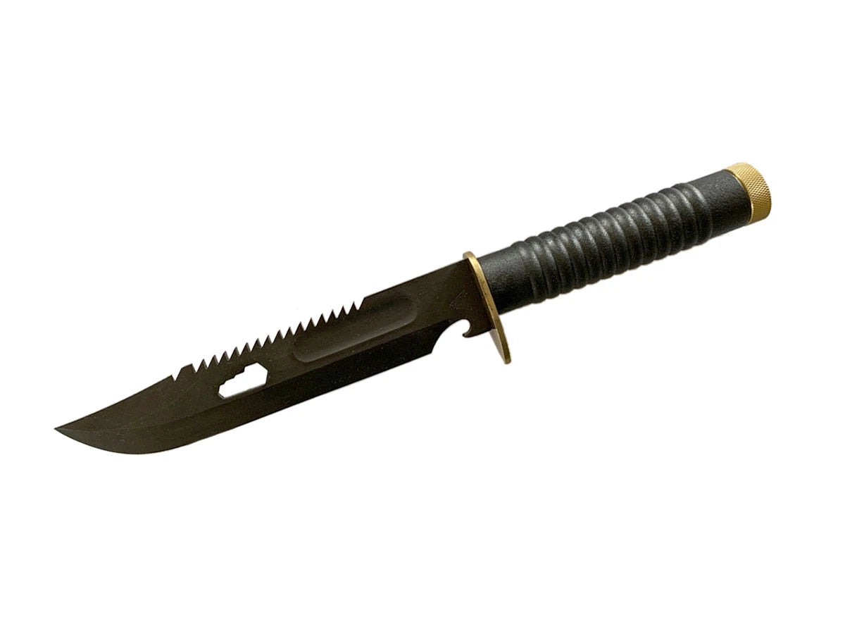 Survival Black Blade 20 cm lama stainless nera dorso sega chiavi apribottiglie manico bussola fodero camo