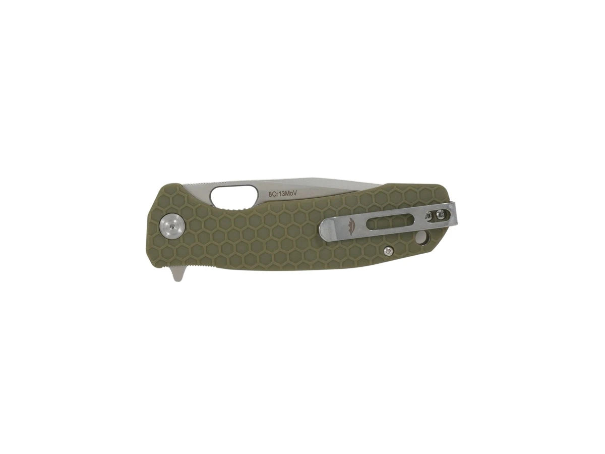 Honey Badger Tanto Large HB1323 verde, dettaglio manico FRN e flipper